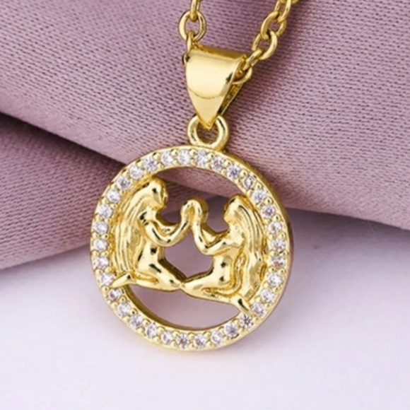 Gemini Zodiac Necklace Inlaid Zircon Gold Plated Stainless Steel - Picture 1 of 13
